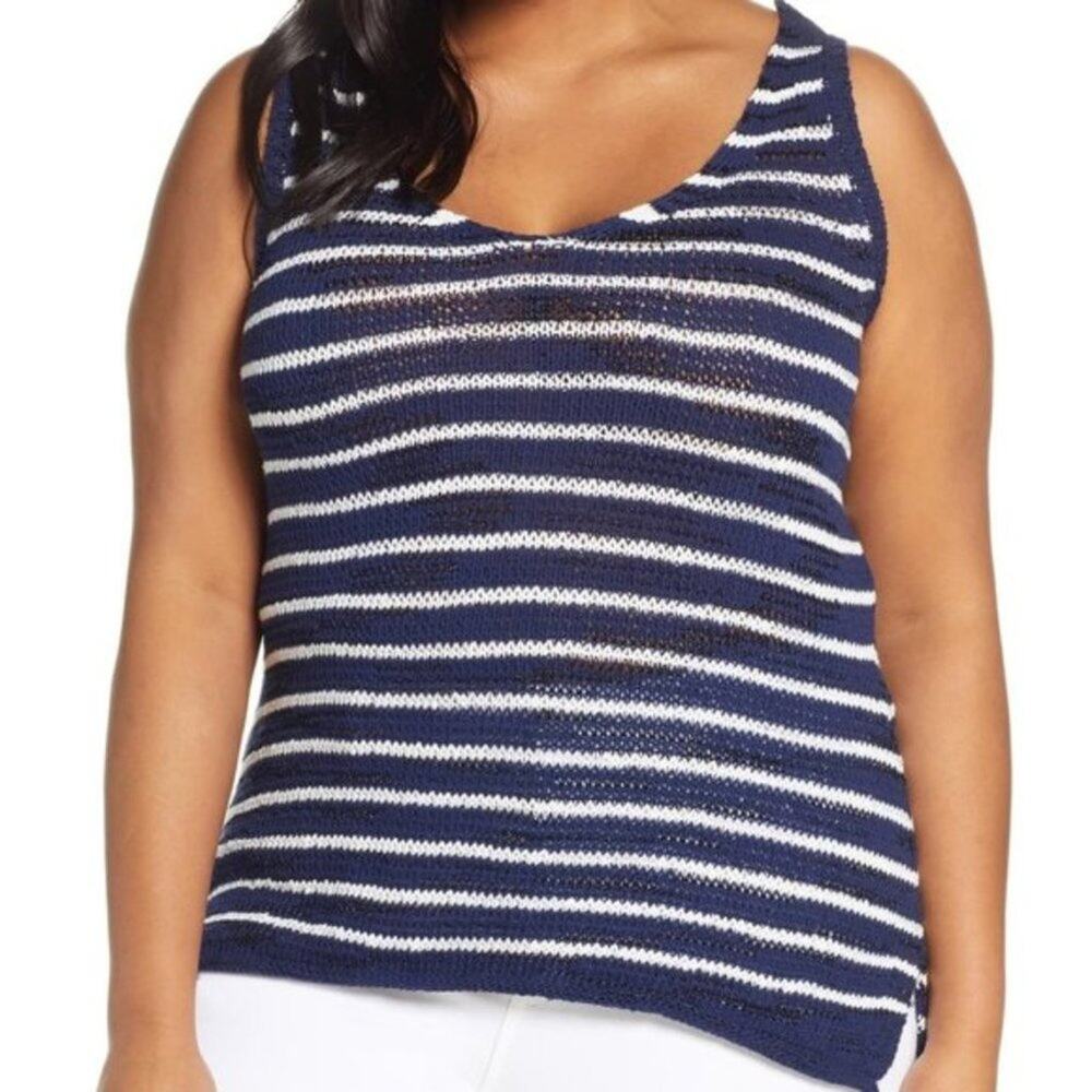Caslon Navy White Stripe V-Neck Sweater Tank Top Nautical Stretch Women 3X 4X